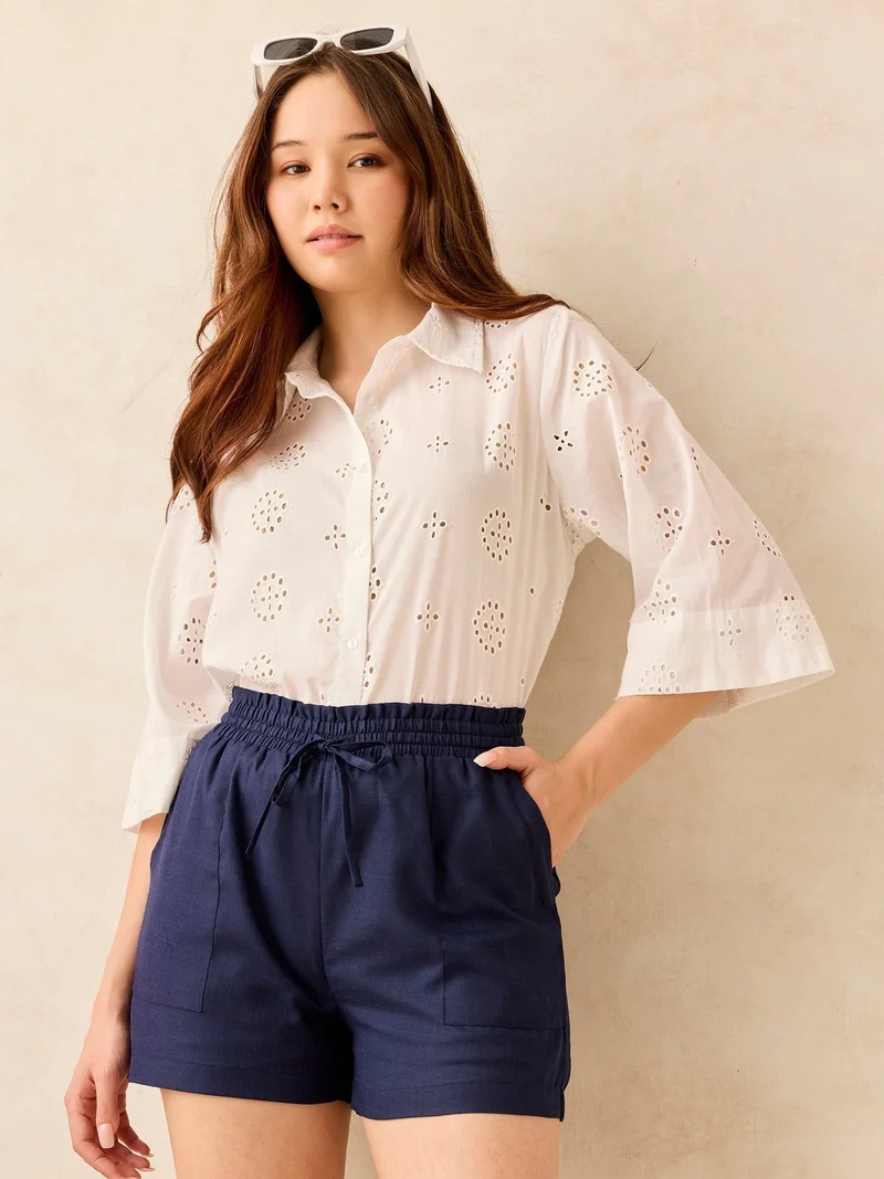 Outzidr  Navy Blue Casual Elastic Waist Pocketed Shorts for Women | Best Price UAE